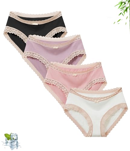COLORFULLEAF Unterhosen Damen Bambus Spitze Unterwäsche Frauen Bequeme Weich Hipster Atmungsaktiv Sommer Bikinis Panties（4F,L von COLORFULLEAF