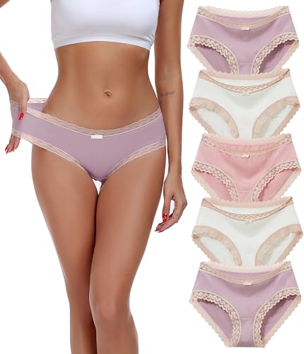 COLORFULLEAF Unterhosen Damen Spitze Unterwäsche Frauen Mehrpack Weich Bambus Slips Stretch Baumwoll Hipster Bikinis Panties für Damen（5B,L von COLORFULLEAF