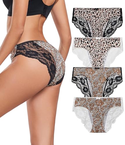 COLORFULLEAF Unterhosen Damen Leopard Unterwäsche Frauen Nahtlos Spitze Brazilian Slip Weich Pantys Mehrpack 4er Pack(4C,S) von COLORFULLEAF
