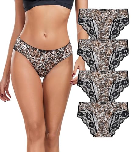COLORFULLEAF Unterhosen Damen Leopard Unterwäsche Frauen Nahtlos Spitze Brazilian Slip Weich Pantys Mehrpack 4er Pack(4D,M) von COLORFULLEAF