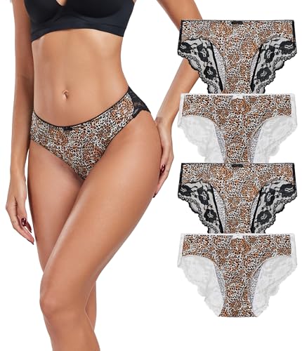 COLORFULLEAF Unterhosen Damen Leopard Unterwäsche Frauen Nahtlos Spitze Brazilian Slip Weich Pantys Mehrpack 4er Pack(4E,L) von COLORFULLEAF