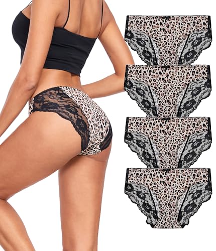COLORFULLEAF Unterhosen Damen Leopard Unterwäsche Frauen Nahtlos Spitze Brazilian Slip Weich Pantys Mehrpack 4er Pack(4F,XL) von COLORFULLEAF