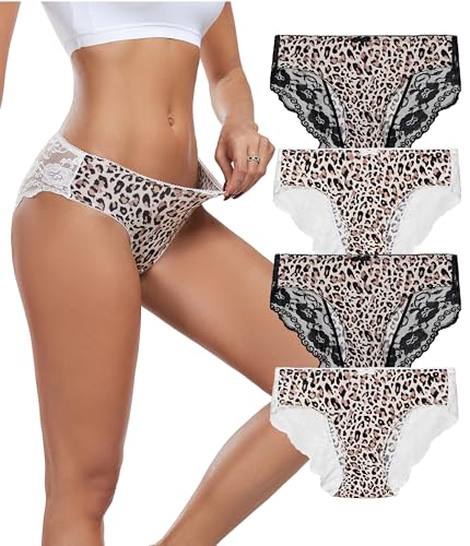 COLORFULLEAF Unterhosen Damen Nylon Atmungsaktive Leopard Hipster Unterwäsche Stretch Bikini Slip Frauen 4er Park(4G,S) von COLORFULLEAF