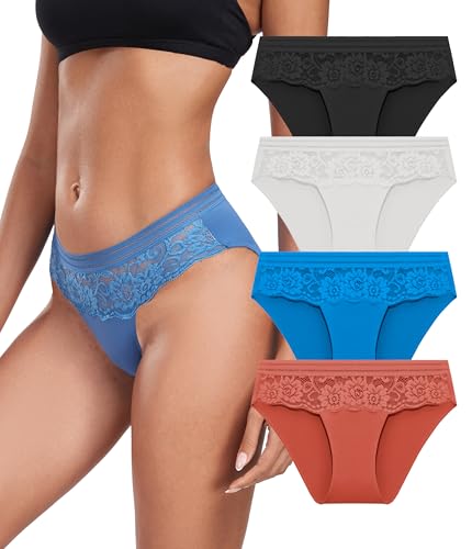 COLORFULLEAF Hipster Unterwäsche Damen Spitze Nahtlose Stretch Slips Atmungsaktiver Unterhosen Frauen Mehrpack（4WRB,M von COLORFULLEAF