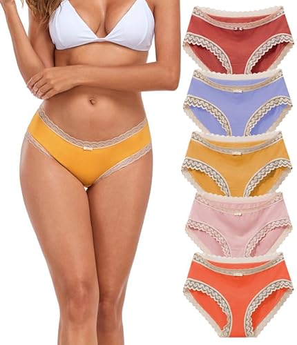 COLORFULLEAF Unterhosen Damen Spitze Unterwäsche Frauen Mehrpack Weich Bambus Slips Stretch Baumwoll Hipster Bikinis Panties für Damen（5L,L von COLORFULLEAF