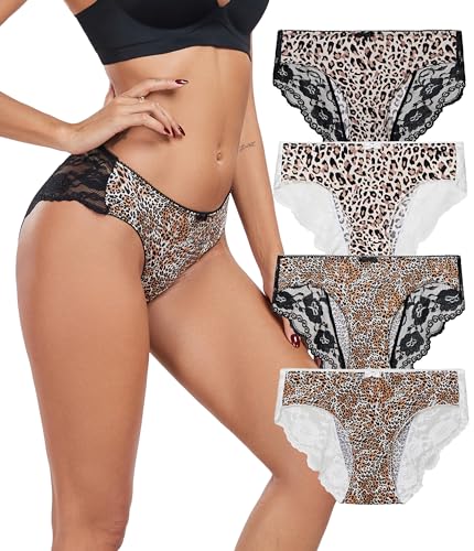 COLORFULLEAF Unterwäsche Frauen Leopard Unterhosen Sexy 4er Pack Damen Leo Print Slip Panty mit Spitze Atmungsaktiver Bikinis Mehrpack(4C,2XL) von COLORFULLEAF