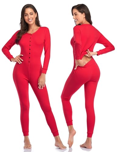 CORLORFULLEAF Herren/Damen Einteiler Pyjama Onesie Base Thermounterwäsche Union Anzug Leichte ganzkörper(Rot,M) von COLORFULLEAF
