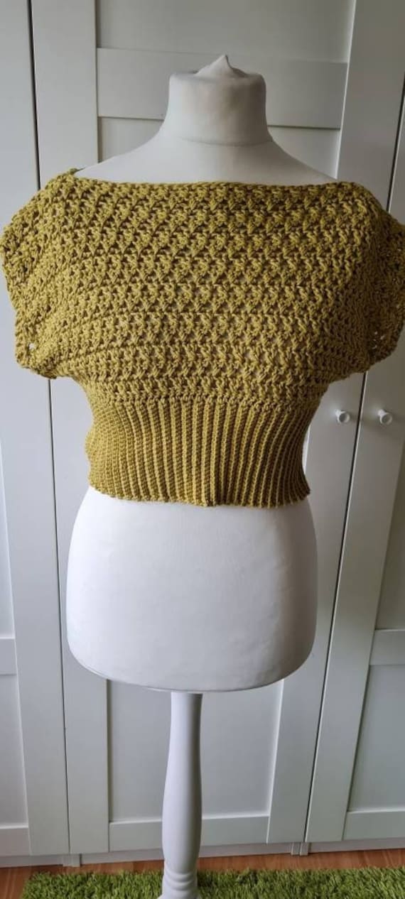 Gehäkelter Damen Kurz Pullunder Kiwigrün Gr.m Top Handmade Crochet Pullover von COLORFULWoolCreation