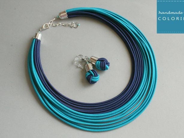 Blau Textil Multi Strang Halsketten Set Layered Cord Schmuck von COLORIKA