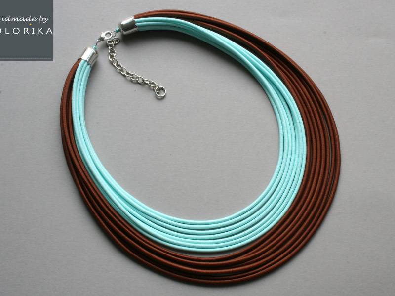 Handgemachte Multistrang Textil Halskette Braun & Türkis Faser Schmuck von COLORIKA