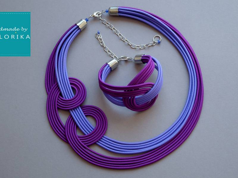 Lila Geknüpfte Textil Halskette Und Armband Set von COLORIKA