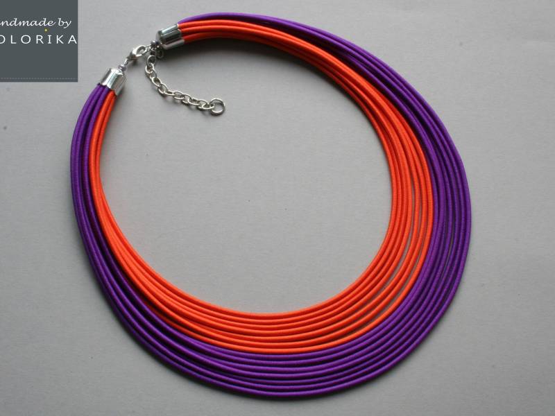 Orange & Violette Bib Halskette Statement Halskette Aus Textilseil von COLORIKA
