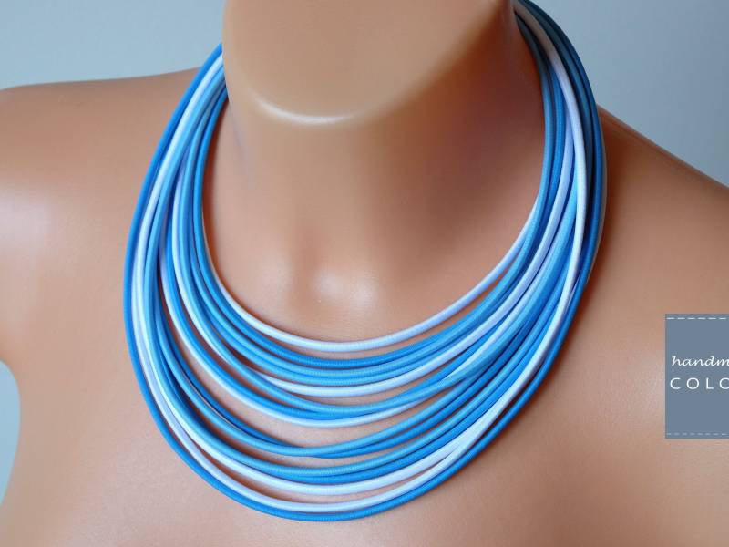 Statement Seil Halskette Blau Weiss Stoff Lariat von COLORIKA