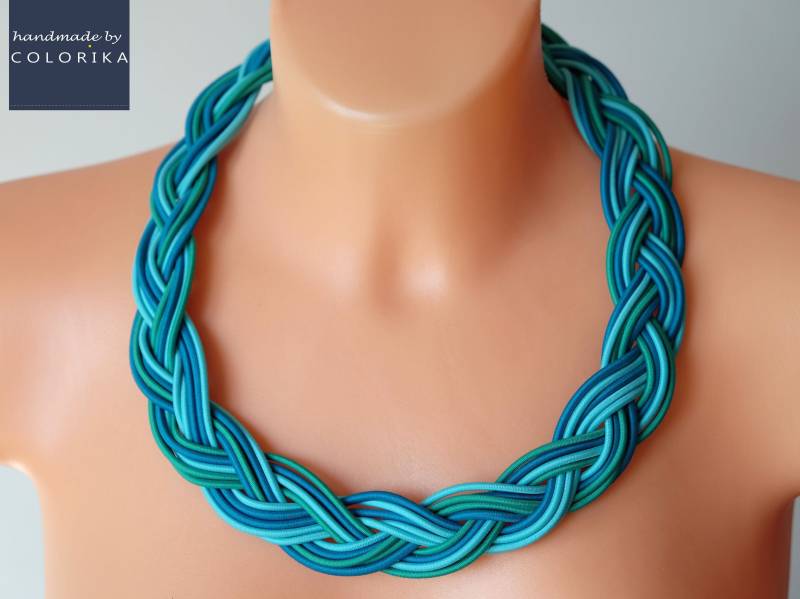 Türkis Geflochtene Halskette/statement Auffällige Lätzchen Mode-Halskette Textil-Halskette Seil-Halskette von COLORIKA