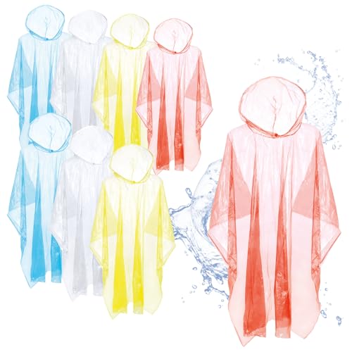 com-four® 8X Regenponcho mit Kapuze und Zugband - Poncho in 4 Farben - Notfallponcho für Konzert, Stadion, Wandern, Camping, Festival [Auswahl variiert] (8X - rot. gelb. blau. transparent) von com-four