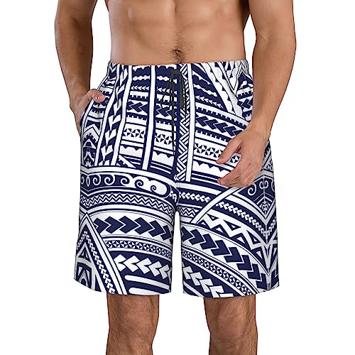 Blaue polynesische Maori Stammesmuster Herren Casual Beachwear Männer Schnell Trocknende Shorts Herren Elastische Badehose, Weiss/opulenter Garten, XXX-Large von COMAAM