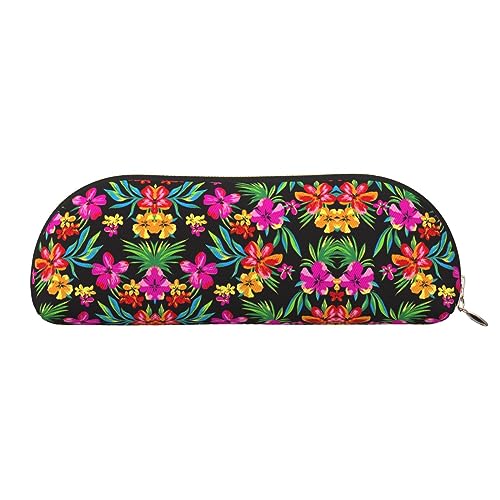 COMAAM Aloha Tiki Muster Leder halbrunde Aufbewahrungstasche Große Kapazität Stift Bleistift Tasche Geeignet Für Die Aufbewahrung Von Stiften Und Kosmetik, Hawaii-Blume, Einheitsgröße, Federmäppchen von COMAAM