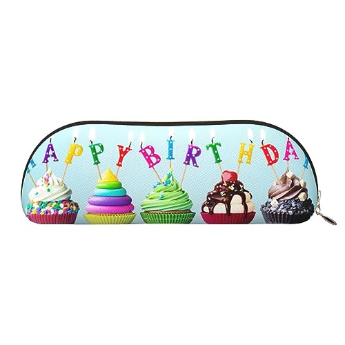 COMAAM Basketball Sport Leder halbrunde Aufbewahrungstasche Große Kapazität Stift Bleistift Tasche Geeignet Für Die Aufbewahrung Von Stiften Und Kosmetik, Bunte Cupcakes mit Aufschrift "Happy von COMAAM