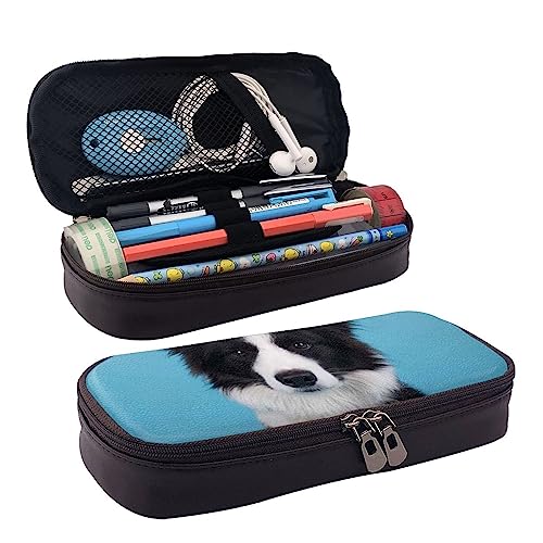 COMAAM Bauernhof-Hühner-gedrucktes nettes Federmäppchen,Große Kapazitäts-Leder-Federmäppchen,Stift-Beutel-Tasche mit Reißverschluss für Büro, Border Collie, Einheitsgröße von COMAAM