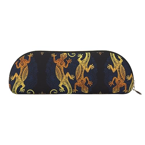 COMAAM Blaue polynesische Maori Tribal Muster Leder halbrunde Aufbewahrungstasche Große Kapazität Stift Bleistift Tasche Geeignet Für Die Aufbewahrung Von Stiften Und Kosmetik, Gecko-Eidechsen, von COMAAM