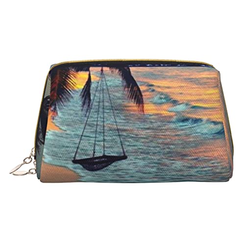 COMAAM Leder Make-up Taschen Kokosnuss Strand Sonnenuntergang Hängematte Gedruckt Kulturbeutel Tragbare Kosmetiktaschen Täglicher Gebrauch Lagerung Geldbörse Für Frauen, Kokosnuss Beach Sunset von COMAAM