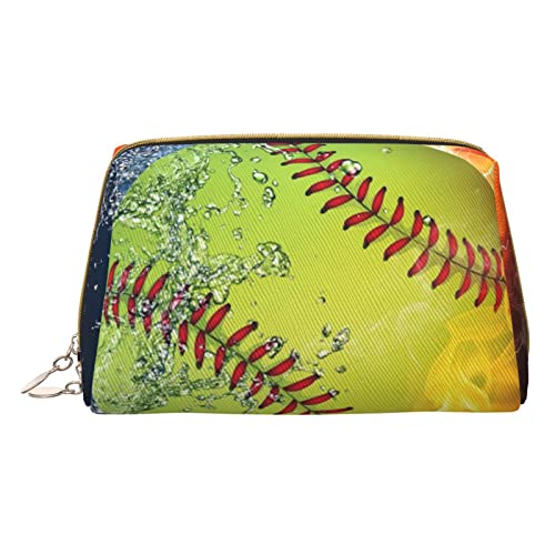 COMAAM Leder Make-up Taschen Schneemobil Gedruckt Kulturbeutel Tragbare Kosmetiktaschen Täglichen Gebrauch Lagerung Geldbörse Für Frauen, Softball, Einheitsgröße von COMAAM