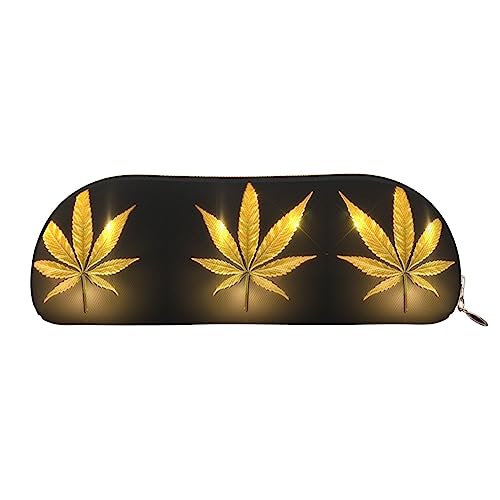 COMAAM Nette Pommersche Leder halbrunde Aufbewahrungstasche Große Kapazität Stift Bleistift Tasche Geeignet Für Die Aufbewahrung Von Stiften Und Kosmetik, Golden Cannabis, Einheitsgröße, Federmäppchen von COMAAM