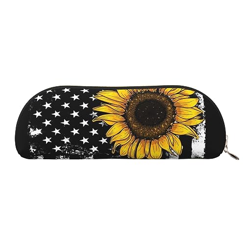 COMAAM Nette Pommersche Leder halbrunde Aufbewahrungstasche Große Kapazität Stift Bleistift Tasche Geeignet Für Die Aufbewahrung Von Stiften Und Kosmetik, Sonnenblume und amerikanische Flagge, von COMAAM