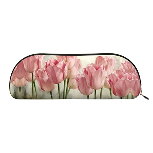 COMAAM Pferd Streifen Muster Leder Halbrunde Aufbewahrungstasche Große Kapazität Stift Bleistift Tasche Geeignet Für Die Aufbewahrung Von Stiften Und Kosmetik, Rosa Tulpen, Einheitsgröße, von COMAAM