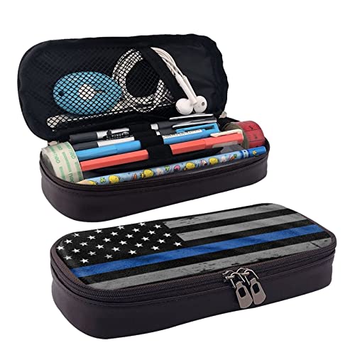 COMAAM Tier Pfote Druckt Gedruckt Nette Federmappe,Große Kapazität Leder Bleistift Beutel,Stift Beutel Tasche Mit Reißverschluss Für Büro, American Thin Blue Line Flagge, Einheitsgröße von COMAAM