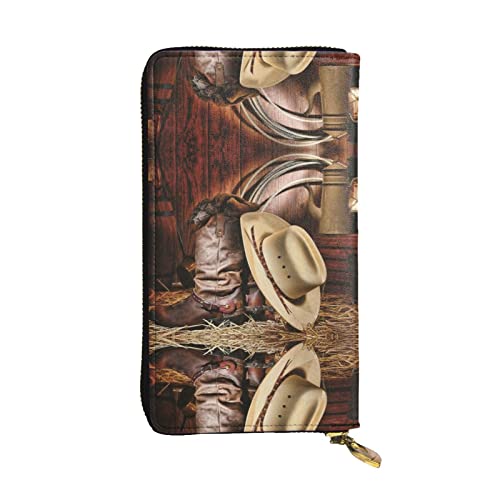 Pine Cone Border Leder Lange Handheld Brieftasche Frauen Brieftasche Für Kreditkarte Bargeld Münze Lagerung, Cowboy Black Hat Western Boots, Einheitsgröße von COMAAM