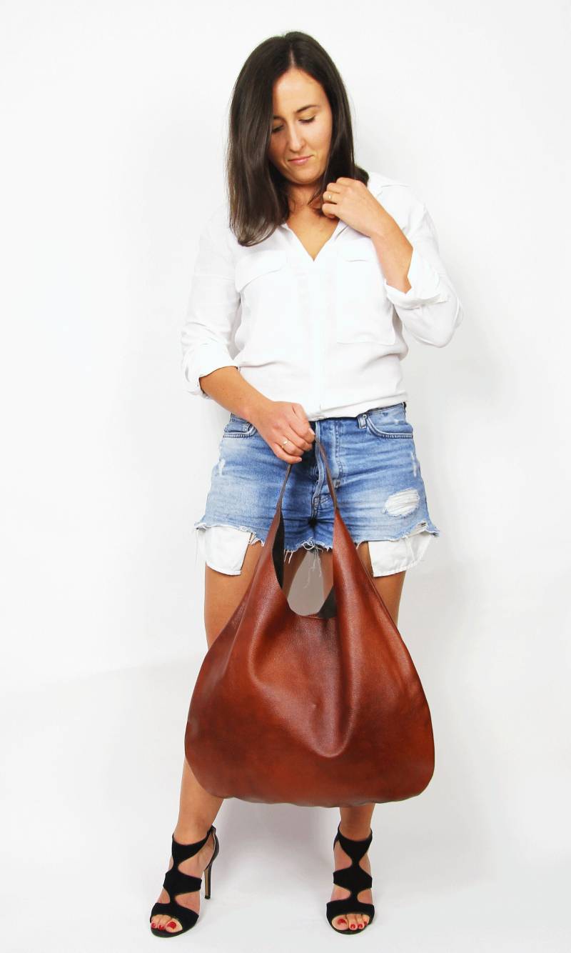 Echtleder Hobo Bag - Große Cognac Braune Slouchy Schultertasche, Handgefertigte Geldbörse Mit Magnetverschluss von COMBAG