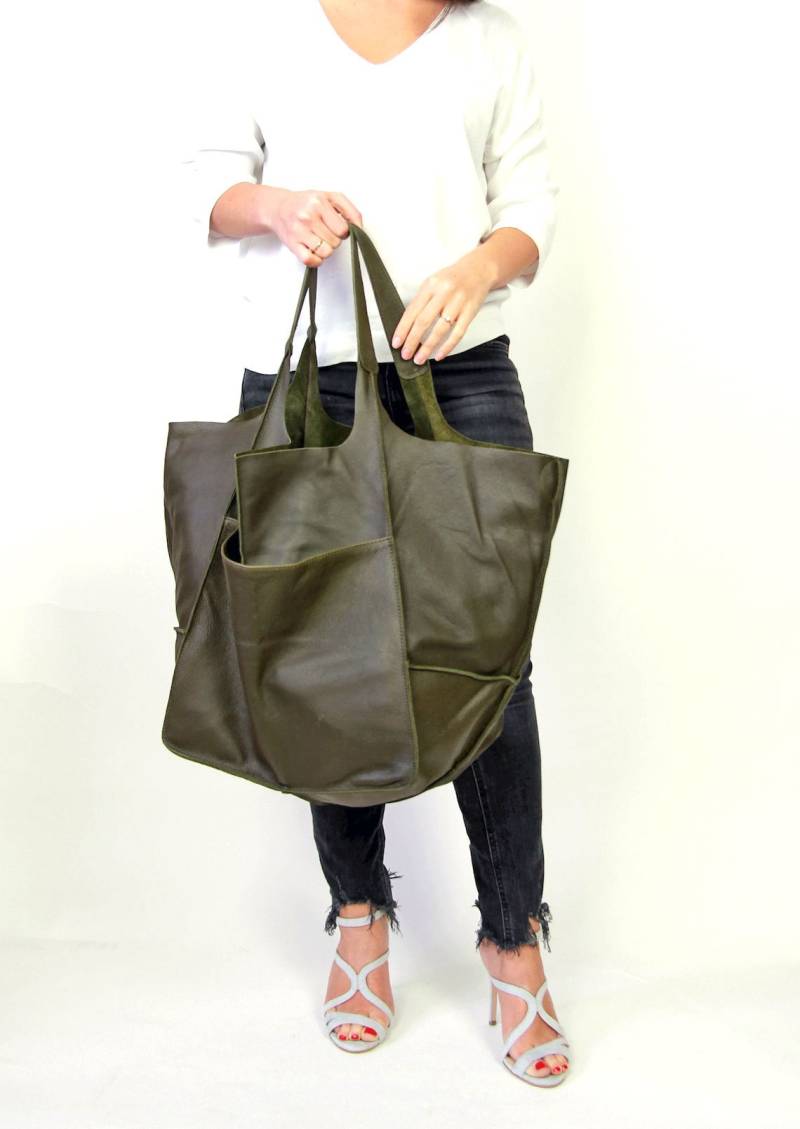Große Einkaufstasche, Olivgrünes Leder, Oversized Grüne Lederhandtasche, Schultertasche, Weiches Leder Tasche, Designer Handtasche, Tragetasche von COMBAG