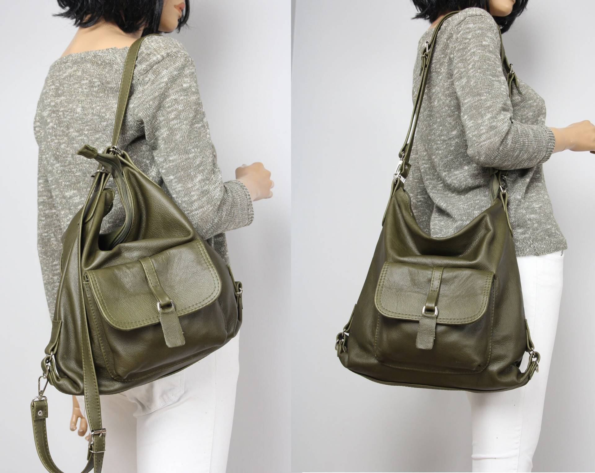 Multi Way Rucksack Hobo Bag Oliv Leder Umhängetasche Grüner Cabrio Brauner von COMBAG