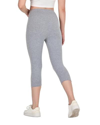 COMEOR Leggings Damen 3/4 Atmungsaktiver Baumwolle - High Waist Caprihose, Kurze Sport Leggins, Radlerhose Elastische Blickdicht Yogahose Sporthose (Hellgrau, XXL) von COMEOR