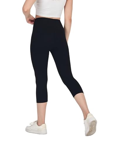 COMEOR Leggings Damen 3/4 Atmungsaktiver Baumwolle - High Waist Caprihose, Kurze Sport Leggins, Radlerhose Elastische Blickdicht Yogahose Sporthose (Schwarz, M) von COMEOR