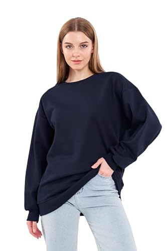 COMEOR Sweatshirt Damen Bequemer Oversize Pullover aus Baumwolle, Langarmshirt als Basic Pulli ohne Kapuze Regular Fit (Dunkelblau M) von COMEOR