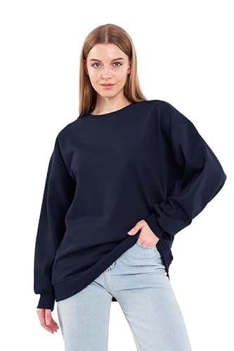 COMEOR Sweatshirt Damen Bequemer Oversize Pullover aus Baumwolle, Langarmshirt als Basic Pulli ohne Kapuze Regular Fit (Dunkelblau S) von COMEOR