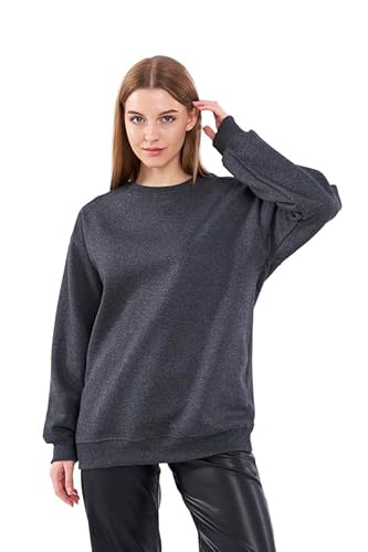 COMEOR Sweatshirt Damen Bequemer Oversize Pullover aus Baumwolle, Langarmshirt als Basic Pulli ohne Kapuze Regular Fit (Dunkelgrau XL) von COMEOR