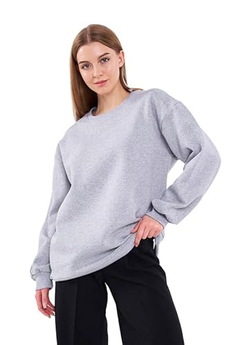 COMEOR Sweatshirt Damen Bequemer Oversize Pullover aus Baumwolle, Langarmshirt als Basic Pulli ohne Kapuze Regular Fit (Hellgrau L) von COMEOR