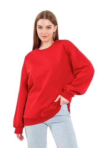 COMEOR Sweatshirt Damen Bequemer Oversize Pullover aus Baumwolle, Langarmshirt als Basic Pulli ohne Kapuze Regular Fit (Rot S) von COMEOR