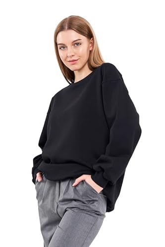 COMEOR Sweatshirt Damen Bequemer Oversize Pullover aus Baumwolle, Langarmshirt als Basic Pulli ohne Kapuze Regular Fit (Schwarz S) von COMEOR