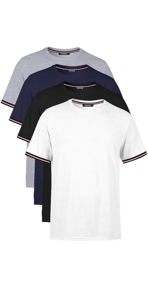 COMEOR T-Shirt Basic Herren Kurzarm Rundhalls (Packung, 4-tlg) mit gestreiften Ärmel Bündchen von COMEOR