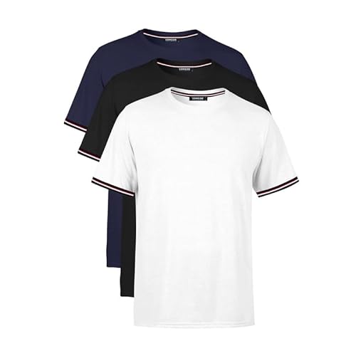 COMEOR T Shirt Herren Kurzarm Elegant Baumwolle Sport Männer Rundhals 2-3-4 Pack, Stylischer Streifen am Ärmel, Schwarz/Weiß/Navy von COMEOR