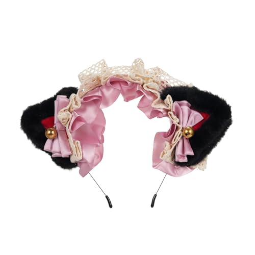 COMETX Lolita Band Haarband Flauschige Katze Ohren Headdress Lolita Streifen Stirnband Niedliche Haarschmuck Haarschmuck Spitze Katze Ohren Hairband für Mädchen und Frauen von COMETX