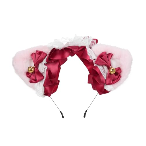 COMETX Lolita Band Stirnband Flauschige Katzenohren Kopfschmuck Lolita Ribbon Stirnband Niedliche Haarschmuck Spitze Katzenohren Haarband für Mädchen und Frauen von COMETX