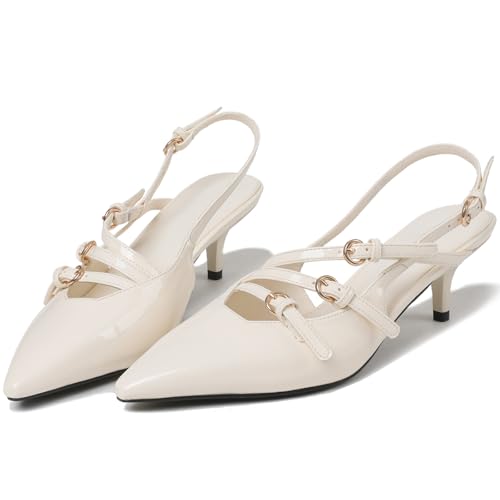COMFITORIA Slingback-Kätzchen-Absätze für Damen, spitzer Zehenbereich, niedrige Stiletto-Absätze mit Schnallenriemen, Slip-On-Pumps, Partykleid, Arbeit, Beige, 40 EU COMFITORIA Slingback-Kätzchen-Absätze für Damen, spitzer Zehenbereich, niedrige Stiletto-Absätze mit Schnallenriemen, Slip-On-Pumps, Partykleid, Arbeit, Beige, 40 EU von COMFITORIA