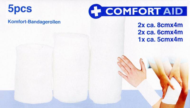 COMFORT AID Handbandage 5x VERBANDROLLEN 4m elastische Bandage Verband Binde Fixierbinde (5-tlg), 3 Größen Bandage Verbandrolle Erste-Hilfe Set atmungsaktiv von COMFORT AID