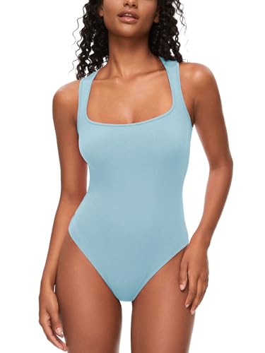 COMFREE Body Damen Bodysuit Elegant Eckiger Ausschnitt Ärmellos Racerback Top Damenbody Sommer Oberteil Tank Top Cami Bodys Blau XXL von COMFREE