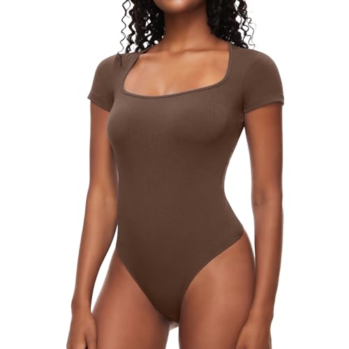 COMFREE Body Damen Bodysuit Elegant Kurzarm Top Eckiger Ausschnitt Damenbody Sommer Oberteil T-shirts Bodys Braun XXL von COMFREE